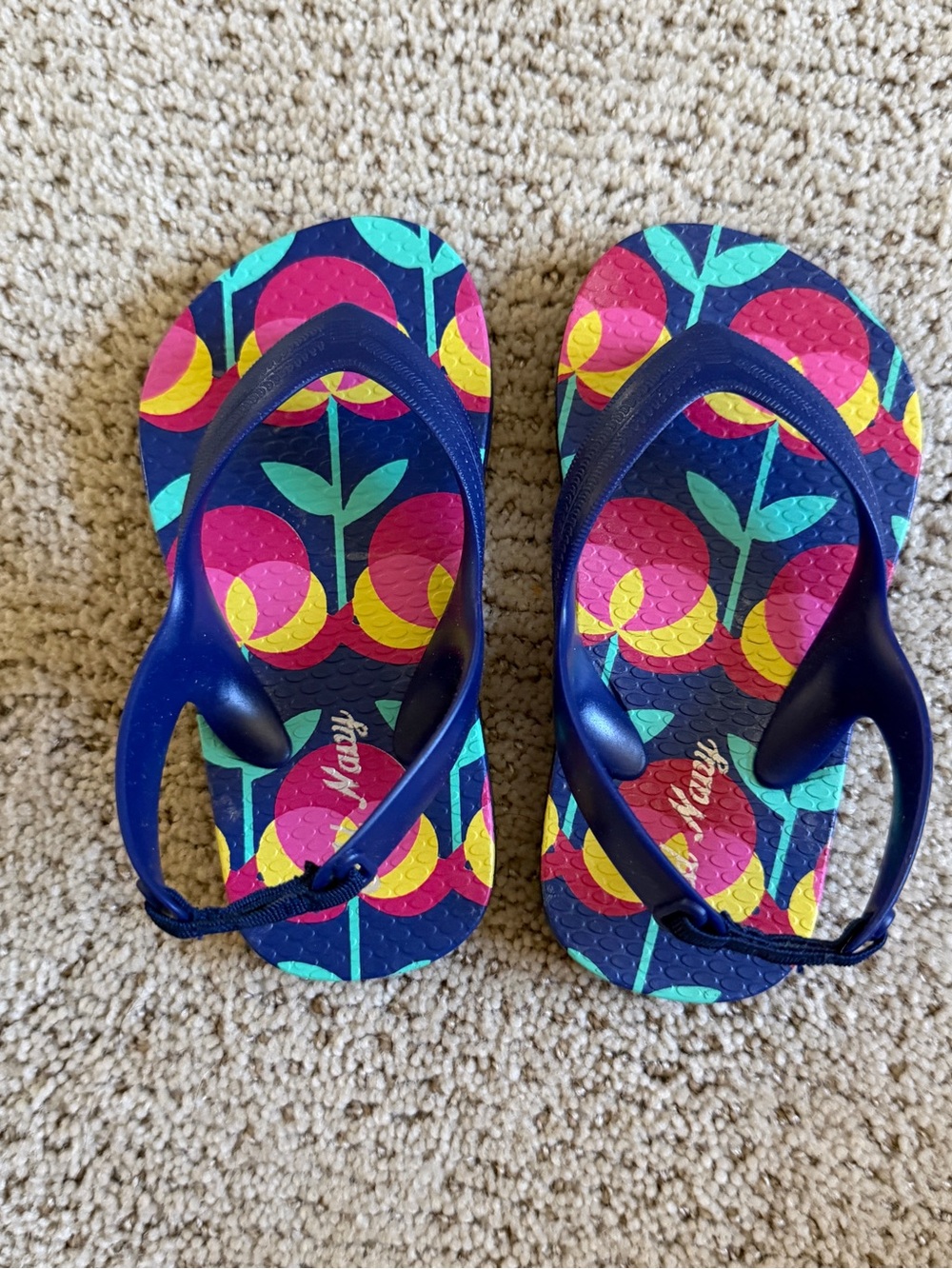 Kids Floral Print Navy Flip-Flop Sandals with Pink & Yellow Accents